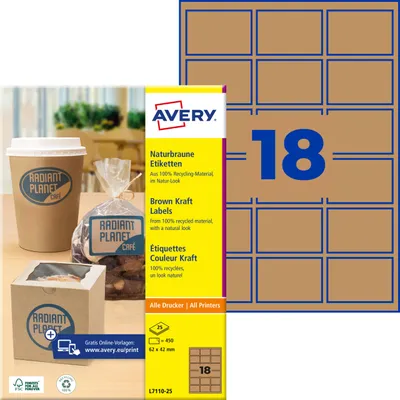 Produktbild von Avery Zweckform L7110-25, Naturbraune Etiketten, A4, 62 x 42 mm, 450 Etiketten / 25 Bögen, naturbraun