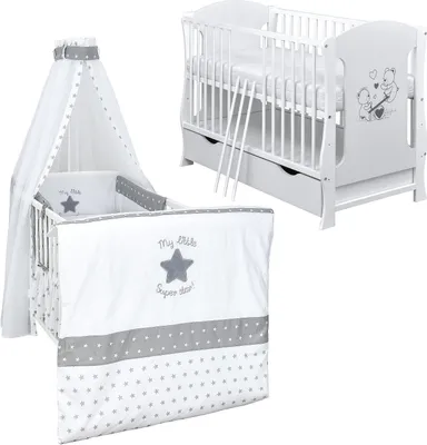 Produktbild von Baby-Delux Babybett Kinderbett Lia 120x60 Teddy Wippe Weiß inkl. Schublade Bettset Komplett Superstar Schaumstoffmatratze
