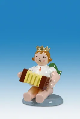 Produktbild von Holzfigur Engel sitzend mit Harmonika und Krone Höhe 6cm NEU