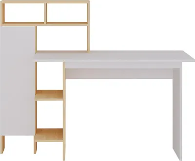 Produktbild von Schreibtisch mit 1 Schrank und 4 Nischen - Weiß und natürlich - MONTOLANIA