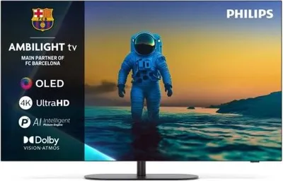 A television screen displaying an astronaut in space with a sunset background, with marketing text and logos on the left side.