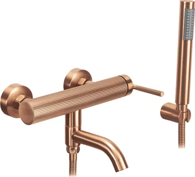 A copper-colored bathtub faucet and showerhead set against a white background.