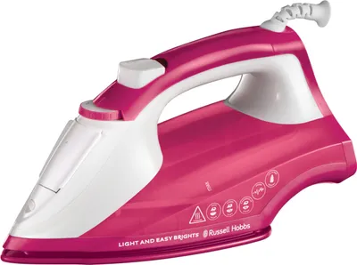 A studio shot of a pink and white Russell Hobbs iron against a white background.