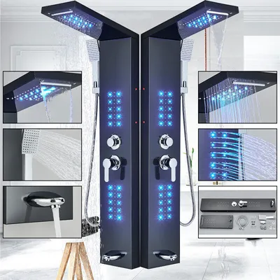 Produktbild von Edelstahl schwarz Duschpaneel LED Duschset Regenbrause Duscharmatur Duschsäule