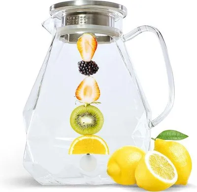 Produktbild von Gläserner Wasserkaraffe mit Deckel (2 l) - Karaffe aus Glas mit Fruchtbecher & Reinigungsborsten - Borosilicatglas-Wasserflasche - geeignet für Wasser und Saft