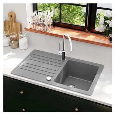 Produktbild von Granit-Küchenspüle mit Abtropffläche, grau, 765x460mm, hitzebeständig bis 280°C