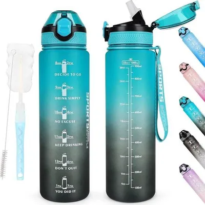 Produktbild von Famanu Wasserflasche mit Zeitmarkierungen - Motivierende Trinkflasche mit Strohhalm