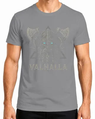 Imagen del producto de Camiseta para hombre, color gris, talla XL, con motivos de Valhalla, vikingos, Odín, hacha, mitología nórdica, runas y guerreros