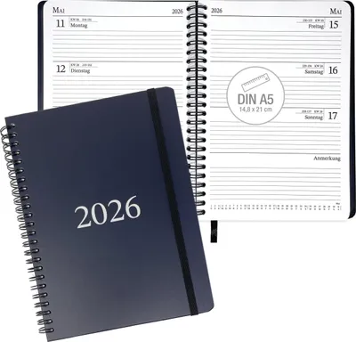 Produktbild von Kalender 2026 A5 Buchkalender – Hardcover Terminplaner mit Ringbindung, Wochenplaner A5 1 Woche 2 Seiten, Jahreskalender & Notizseiten, robuster DIN A5 Chefplaner, Kalenderbuch 2026