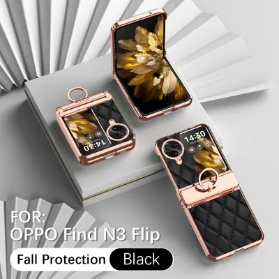 Obrázek produktu pro Kožené pouzdro na Oppo Find N3 Flip s držákem na prsten, blyštivé ochranné pouzdro s ochranou pantu černé
