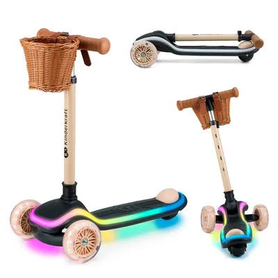 Zdjęcie produktu dla Kinderkraft RAKET – hulajnoga dla dzieci – 3 koła – platforma z diodami LED i koła RGB – regulowana wysokość – składana – od 2 lat – do 50 kg, beżowa