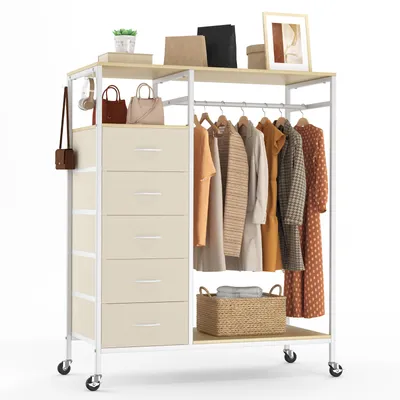 Produktbild von HOKEEPER fahrbarer Kleiderständer mit Schubladen, Haken, Beige, Offener Kleiderschrank, Kleiderstange