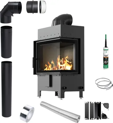 A fireplace insert with various accessories laid out around it.