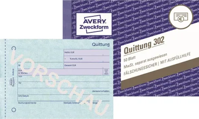 Immagine prodotto di AVERY ZWECKFORM Quittung A6m.Mwst.50BL 302 20 Stück Verkaufseinheit 663273 4004182003022