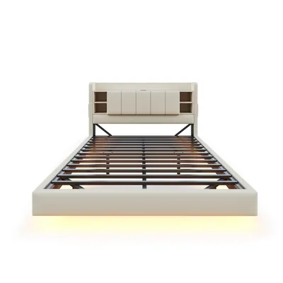 Produktbild von Flieks Polsterbett 160x200cm mit USB, Jugendbett Doppelbett mit LED, Holzbett mit Stauraumkopfteil, Stauraumbett Funktionsbett Leinen, Beige