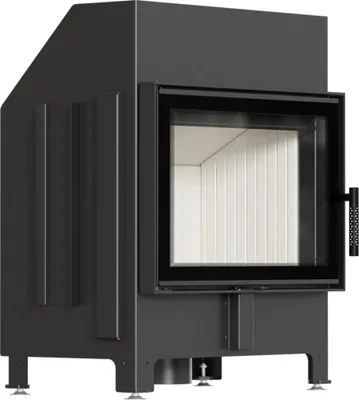 A black fireplace insert with its door open, showing the white interior.