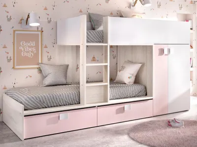 Produktbild von Vente-unique Etagenbett für Kinderzimmer, Weiß/Natur/Rosa, Liegefläche 2x 90x190cm, Gesamtmaße 275x150x108cm (BxHxT), mit integriertem Kleiderschrank, 2 Türen, 2 Schubladen, umkehrbar, inkl. Lattenrost, ohne Matratze, max. Traglast 75kg, zum Selbstaufbau, Oberes Bett nicht für Kinder unter 6 Jahren, Good for Planet Serie, Holzspan melaminbeschichtet