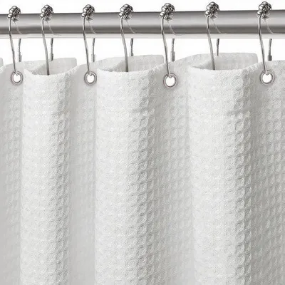 Obrázok produktu pre Unyqoos® Biela, vodeodolná záclona do sprchy z voštinovej tkaniny (polyester) s magnetmi a 12 krúžkami – vhodná pre rovné aj zakrivené sprchové tyče