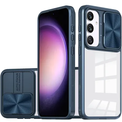 Immagine prodotto di Custodia per Samsung Galaxy S24 Custodia ibrida in TPU trasparente con cover fotocamera scorrevole blu