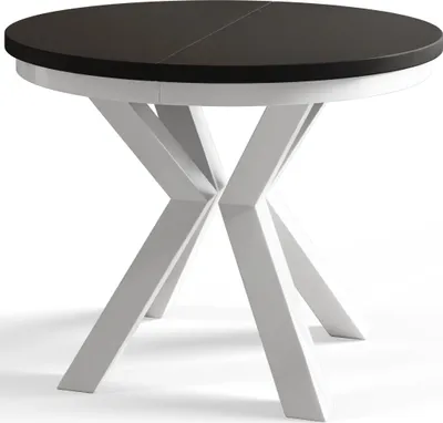 Immagine prodotto di Tavolo rotondo per sala da pranzo LOFT, diametro tavolo allungabile: 120 cm/200 cm, colore tavolo da soggiorno: nero, con gambe in metallo bianche
