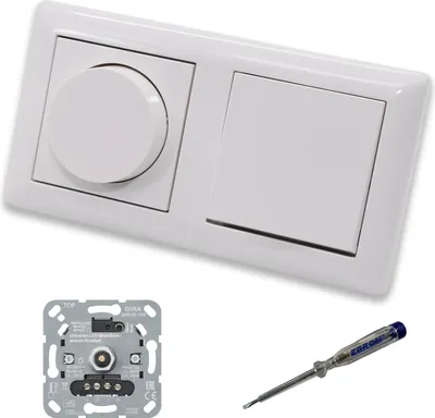 Produktbild von GIRA 245500 LED Drehdimmer Dimmer + Dimmerscheibe Zentralscheibe 065003 und Kreuzschalter 010700 in System55 reinweiß glänzend inklusive EBROM Phasenprüfer zur Montage der Geräte
