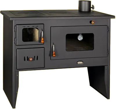 A black wood-burning stove with an oven and a metal plate on top.