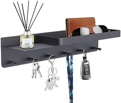 Produktbild von PromoHome® Schlüsselbrett mit Ablage – 6 Haken – Schwarzer Wandorganizer für Schlüssel und Gegenstände – Bohrfreie Montage – Geeignet für