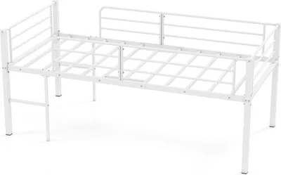 Produktbild von COSTWAY Kinderbett, niedriges Hochbett, Bettgestell Metall mit Sicherheitsgeländern, 2 Leitern & Stauraum, Bettrahmen Jugendbett platzsparend Weiß