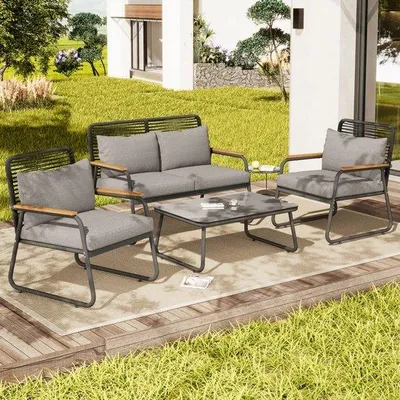 Image de Ensemble de bancs de jardin en verre trempé, pieds réglables, structure galvanisée, 4 personnes