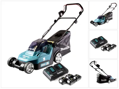 Image de Makita DLM 432 PT4 Tondeuse à gazon sans fil 36 V (2x 18 V) 43 cm brushless + 4x Batteries 5.0 Ah + Chargeur double