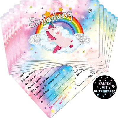 Produktbild von 12x Einladungskarten Kindergeburtstag Einhorn - Tolle Einladung für Kinder mit echtem Glitzer | Einladungskarten Geburtstag Mädchen | Auch zur Einschulung oder als Partyeinladungen