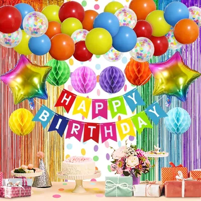 Productafbeelding van Verjaardagsdecoratieset: Regenboogbanner, honingraatballonnen, folieballonnen, fransen gordijn, latexballonnen, confetti ballonnen