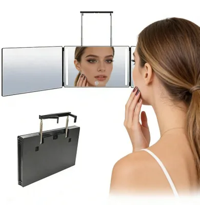 Produktbild von Kosmetikspiegel, LED-Lichtspiegel mit Haken, 360 Grad Kosmetikspiegel mit Touch-Sensorschalter, faltbarer Schminkspiegel, Drei Seitenspiegel, Make Up