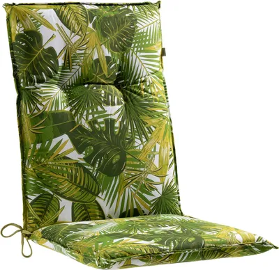 A high-back chair cushion with a tropical palm leaf pattern.
