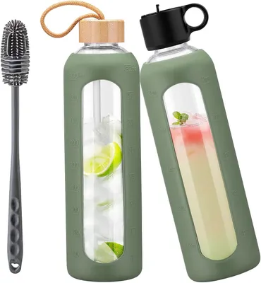 Obrázok produktu pre Sklenená fľaša na pitie 700 ml, 2 vrchnáky, silikónový obal, časová značka, olivová