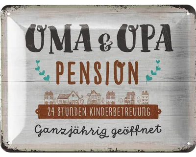 Produktbild von LANOLU retro Blechschild Oma und Opa Pension, lustiges Türschild als Geschenk, Metallschild mit Sprüchen in Holzschild Optik 15x20 cm