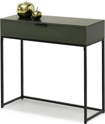 A console table with a drawer and two decorative apple-shaped objects on top, set against a white background.