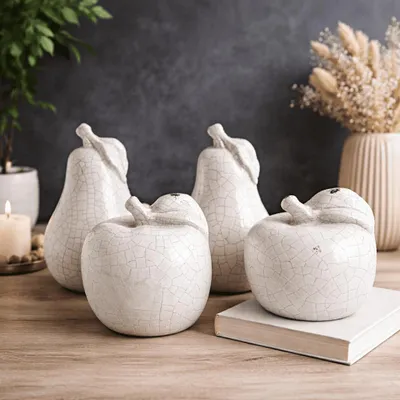 Produktbild von 4er Set Deko Birne Apfel Keramik Birnen Äpfel Tischdeko Herbstdeko (4 x Weiß)