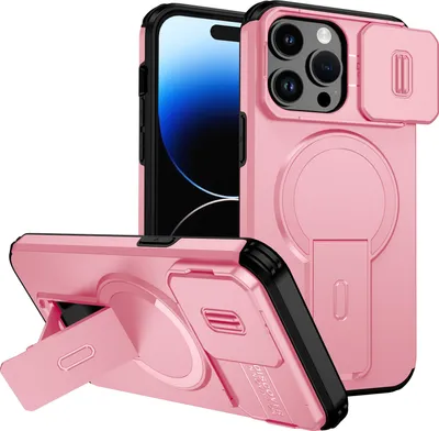 Obrázek produktu pro Magnetické pouzdro pro iPhone 14 Pro, dvouvrstvé odolné pouzdro s posuvnou ochranou fotoaparátu a nastavitelným stojánkem Růžová