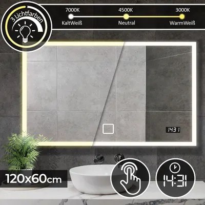 Produktbild von Aquamarin® Badspiegel mit LED Beleuchtung - 120 x 60 cm, EEK A++, Touchschalter, Dimmbar 3in1 Kaltweiß Neutral Warmweiß Einstellbar, Digitaluhr - Badezimmerspiegel, Lichtspiegel, LED Spiegel
