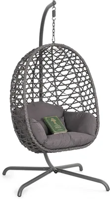 Imagen del producto de Silla colgante para jardín con estructura y cojín, color gris oscuro
