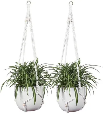 Produktbild von Unyqoos® Makramee-Pflanzenhänger 2er-Set, 114 cm – handgewebtes Baumwollseil mit stabilem Metallring, platzsparend für Innen & Außen