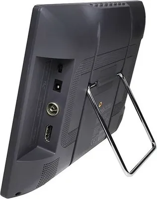 The back view of a portable TV with its stand extended.
