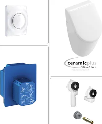 Produktbild von VILLEROY & BOCH Subway Urinal mit SoftClose Deckel & GROHE Wandeinbauspüler mit Betätigungsplatte, weiß