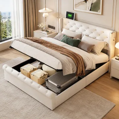 Productafbeelding van INONEFT Hydraulisch bed, 140 x 190 cm, gestoffeerd bed met hoofdeinde met rugleuning en opbergruimte, bed voor volwassenen met LED-verlichting en USB-aansluiting, fluweel, beige