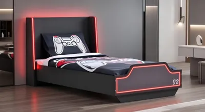 Image de Lit avec éclairage LED et style gaming pour une chambre d'ado tendance