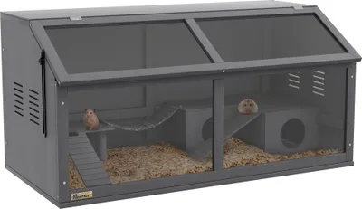 Produktbild von PawHut Kleintierkäfig aus Holz, 100cm Nagerhaus, Kleintierstall mit Hängebrücke