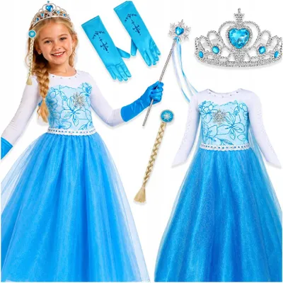 Produktbild von Eisprinzessin Kostüm Mädchen Kleid 110-120 cm mit Tiara Handschuhe Zopf Zauberstab