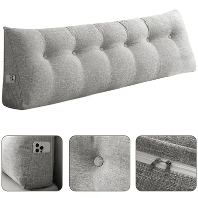 Produktbild von 180cm Keilkissen Bett Großes Rückenkissen Bett Lesekissen für Bett und Sofa,Bettkissen Wandkissen Bett Lendenkissen mit Seitentaschen Grau (Leinen)