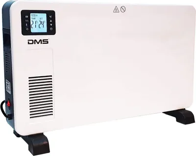 A white electric heater with a digital display and black feet, shown on a white background.